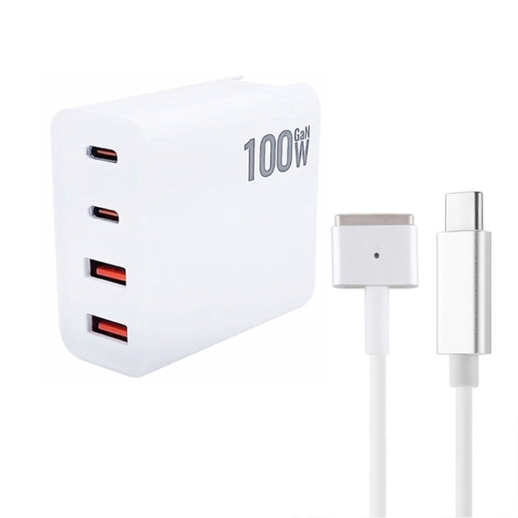 GaN 100W Dual USB-C/Type-C + Dual USB Multi Port Charger with 1.8m Type-C to MagSafe 2 / T Header Data Cable