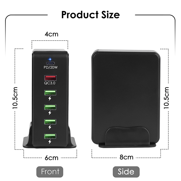 6 in 1 65W PD USB-C / Type-C + QC 3.0 USB + 4 USB Multi-port Travel Charger,, US Plug, EU Plug, UK Plug, AU Plug 2 6 in 1 65W PD USB-C / Type-C + QC 3.0 USB + 4 USB Multi-port Travel Charger,, US Plug, EU Plug, UK Plug, AU Plug - Image 2