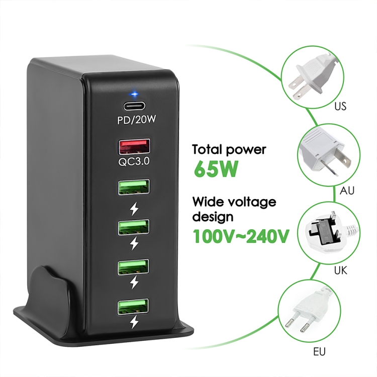 6 in 1 65W PD USB-C / Type-C + QC 3.0 USB + 4 USB Multi-port Travel Charger,, US Plug, EU Plug, UK Plug, AU Plug 3 6 in 1 65W PD USB-C / Type-C + QC 3.0 USB + 4 USB Multi-port Travel Charger,, US Plug, EU Plug, UK Plug, AU Plug - Image 3