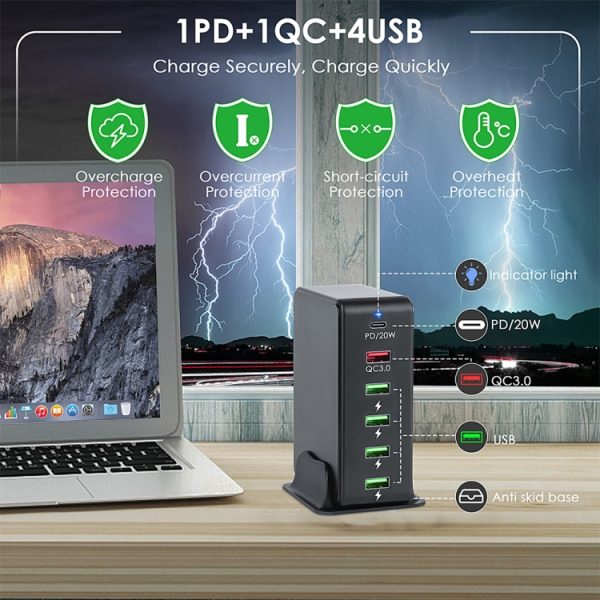 6 in 1 65W PD USB-C / Type-C + QC 3.0 USB + 4 USB Multi-port Travel Charger,, US Plug, EU Plug, UK Plug, AU Plug