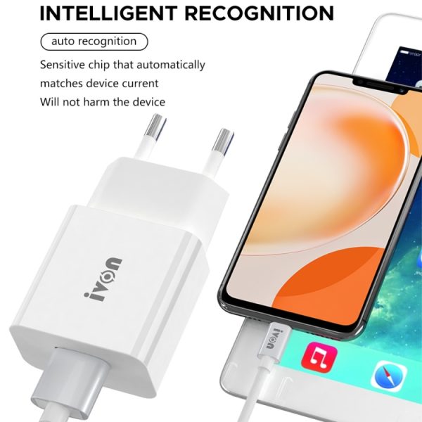 IVON AD-35 2 in 1 18W QC3.0 USB Port Travel Charger + 1m USB to USB-C / Type-C Data Cable Set,, EU Plug, US Plug