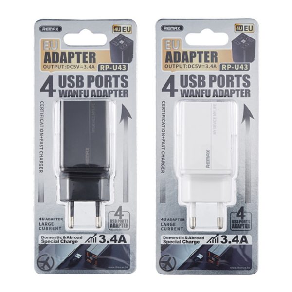EDA003463401_B2.jpg REMAX RP-U43 3.4A 4 USB Port Fast Charger, EU Plug, UK Plug