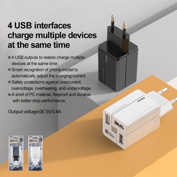 EDA003463401_B3.jpg REMAX RP-U43 3.4A 4 USB Port Fast Charger, EU Plug, UK Plug