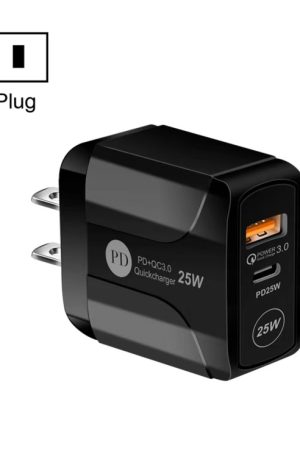 25W PD Type-C + QC3.0 USB Ports Travel Charger, US Plug, EU Plug