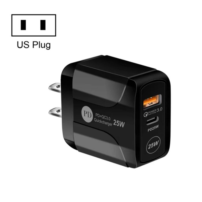 25W PD Type-C + QC3.0 USB Ports Travel Charger, US Plug, EU Plug
