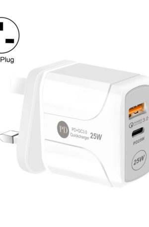 25W PD Type-C + QC3.0 USB Ports Travel Charger, UK Plug