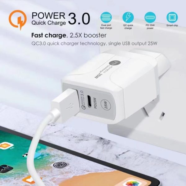 EDA003494401A_3.jpg 25W PD Type-C + QC3.0 USB Ports Travel Charger, UK Plug
