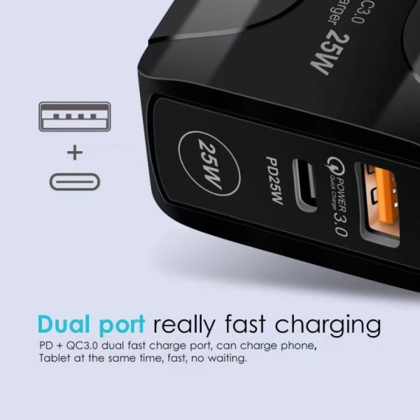 EDA003494401A_4.jpg 25W PD Type-C + QC3.0 USB Ports Travel Charger, UK Plug
