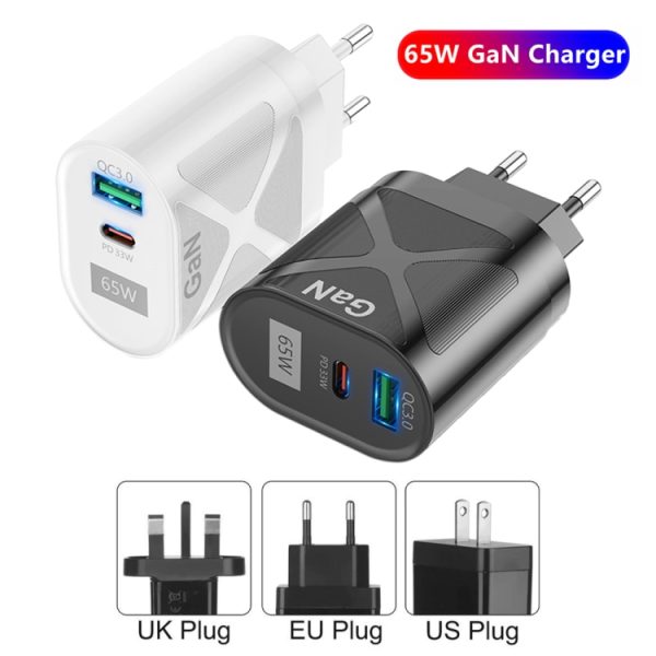 EDA0060065_B1.jpg 65W Gallium Nitride GaN389 USB + Type-C Fast Charging Charger, EU Plug, US Plug, UK Plug
