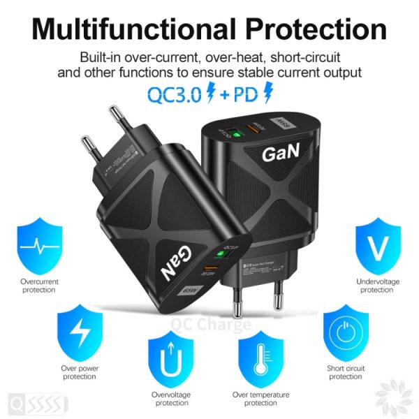 EDA0060065_B2.jpg 65W Gallium Nitride GaN389 USB + Type-C Fast Charging Charger, EU Plug, US Plug, UK Plug