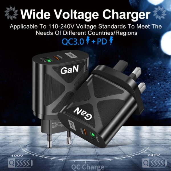 EDA0060065_B4.jpg 65W Gallium Nitride GaN389 USB + Type-C Fast Charging Charger, EU Plug, US Plug, UK Plug
