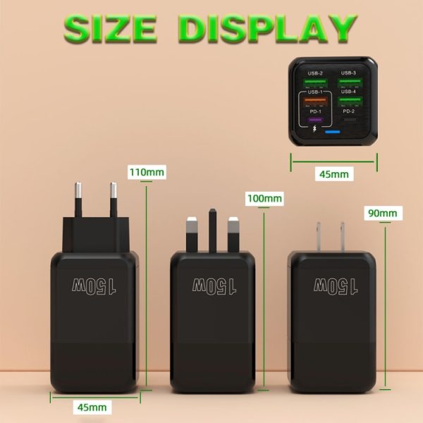 EDA0066432_B2.jpg 150W 4 x USB + 2 x USB-C / Type-C Multi-port Fast Charger, EU Plug, US Plug, UK Plug, AU Plug