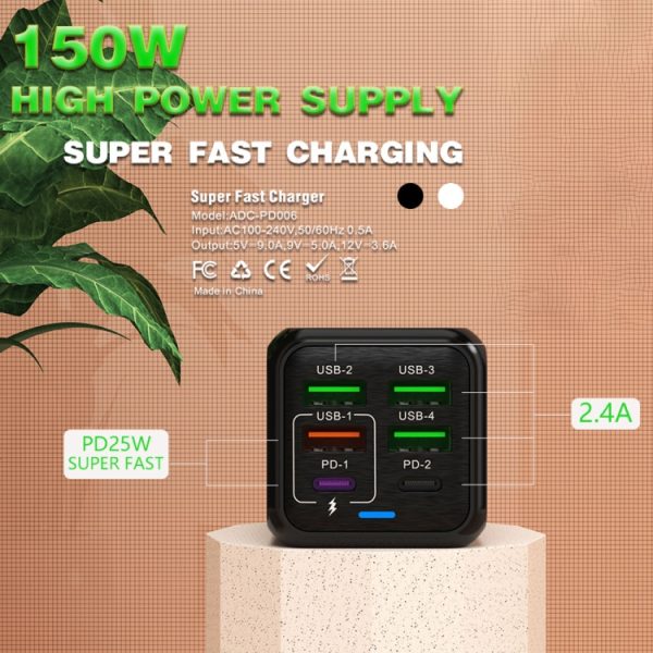 EDA0066432_B4.jpg 150W 4 x USB + 2 x USB-C / Type-C Multi-port Fast Charger, EU Plug, US Plug, UK Plug, AU Plug