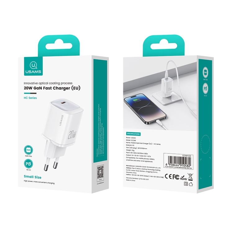 USAMS CC248 20W USB-C / Type-C GaN Fast Charger, EU Plug, CC248 3 USAMS CC248 20W USB-C / Type-C GaN Fast Charger, EU Plug, CC248 - Image 3