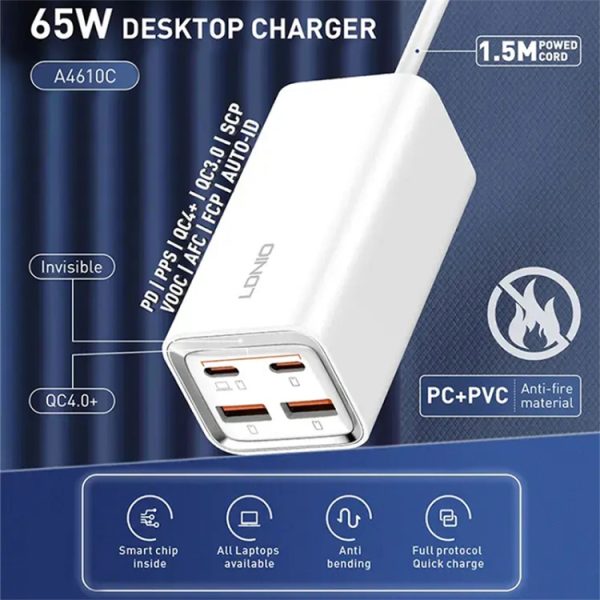 EDA0069506_B1.jpg LDNIO A4610C PD65W Dual USB-C / Type-C + Dual USB Fast Charger, Cable Length: 1.5m, EU Plug·, A4610C (UK Plug), US Plug