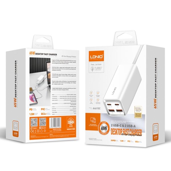 EDA0069506_B13.jpg LDNIO A4610C PD65W Dual USB-C / Type-C + Dual USB Fast Charger, Cable Length: 1.5m, EU Plug·, A4610C (UK Plug), US Plug