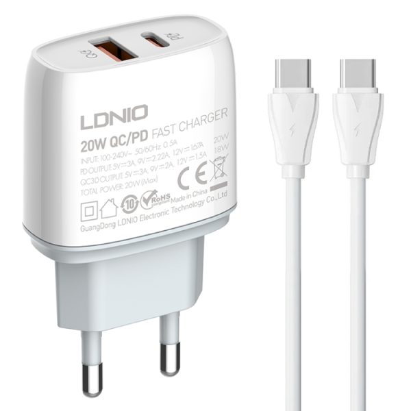 EDA006951301A-1.jpg LDNIO Q229 QC3.0 / PD20W USB + Type-C Fast Charger with 1m Type-C to Type-C Cable, EU Plug, UK Plug, US Plug