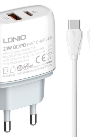 LDNIO Q229 QC3.0 / PD20W USB + Type-C Fast Charger with 1m Type-C to Type-C Cable, EU Plug, UK Plug, US Plug