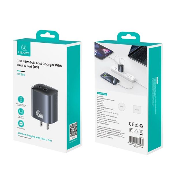 EDA007899401A_1.jpg USAMS CC306 T66 45W Dual USB-C / Type-C GaN Fast Charger, US Plug, CC306