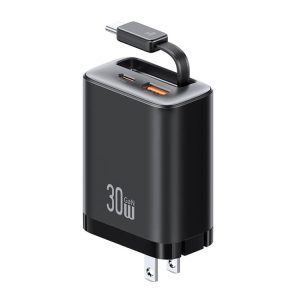 USAMS CC297 30W Fast Charger With Retractable USB-C / Type-C Cable, US Plug