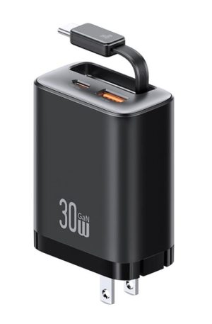 USAMS CC297 30W Fast Charger With Retractable USB-C / Type-C Cable, US Plug