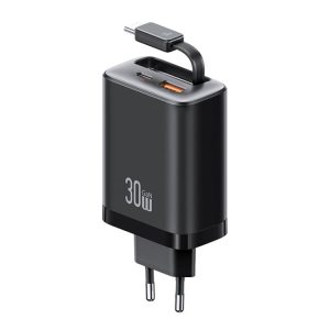 USAMS CC296 30W Fast Charger With Retractable USB-C / Type-C Cable, EU Plug