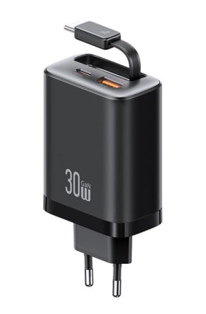 USAMS CC296 30W Fast Charger With Retractable USB-C / Type-C Cable, EU Plug