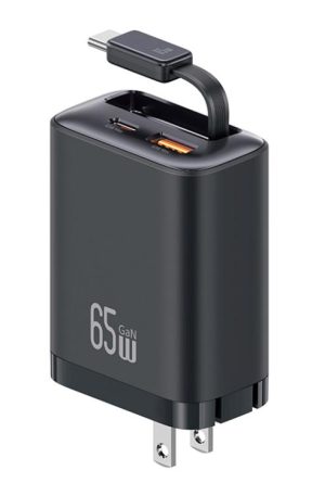 USAMS CC300 65W Fast Charger With Retractable USB-C / Type-C Cable, US Plug