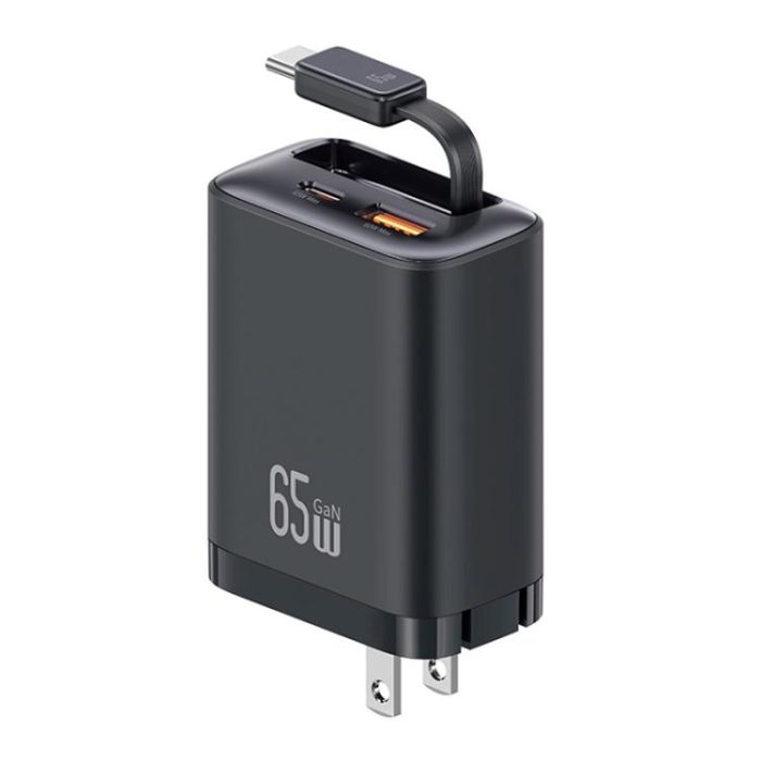 USAMS CC300 65W Fast Charger With Retractable USB-C / Type-C Cable, US Plug