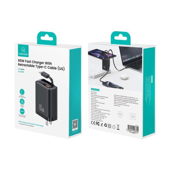 EDA0079450_B9-1.jpg USAMS CC300 65W Fast Charger With Retractable USB-C / Type-C Cable, US Plug
