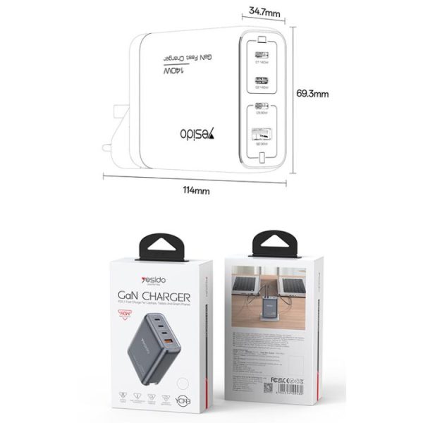 Yesido YC143 140W 4 Ports GaN Fast Charging Charger, 3 x USB-C / Type-C, 1 x USB-A