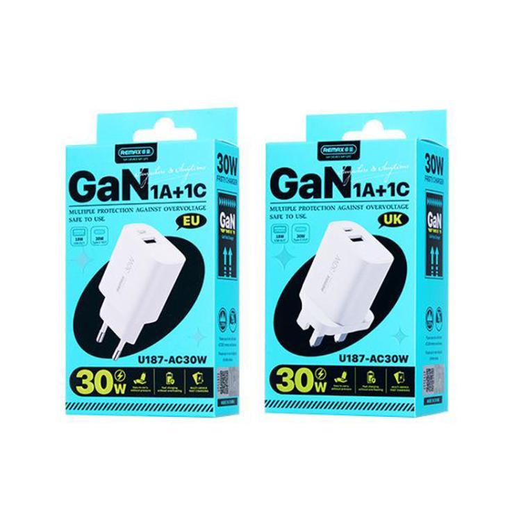 REMAX U187 30W USB and Type-C GaN Fast Charger, EU Plug, UK Plug 2 REMAX U187 30W USB and Type-C GaN Fast Charger, EU Plug, UK Plug - Image 2