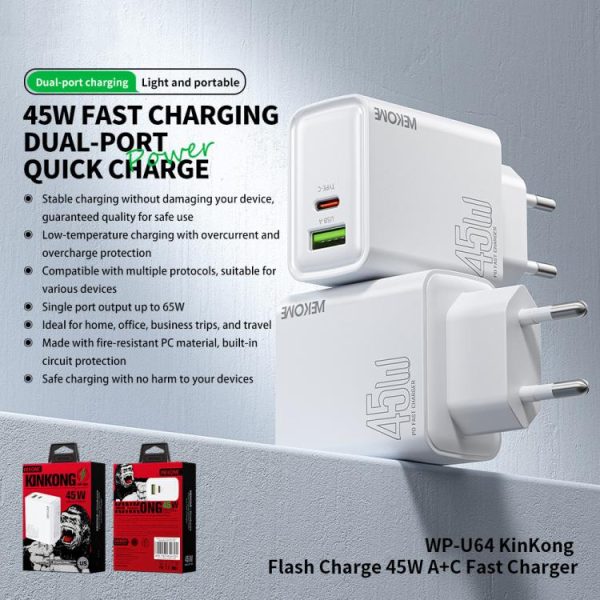 EDA008368401_2.jpg WK WP-U64 45W Kinkong Flash Charge USB+Type-C Port Fast Charger, EU Plug, UK Plug, US Plug