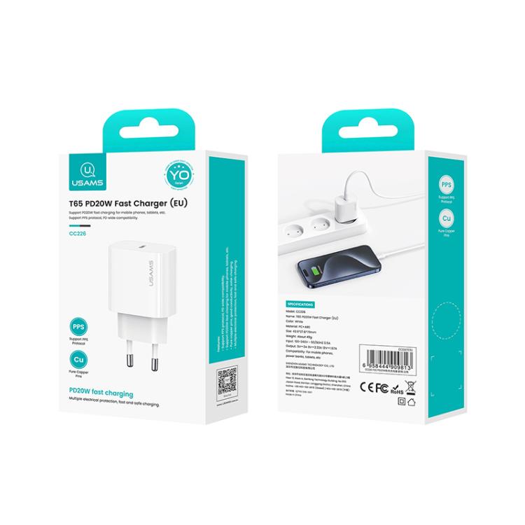 USAMS CC226 T65 PD20W USB-C / Type-C Single Port Fast Charger, EU Plug, CC226 12 USAMS CC226 T65 PD20W USB-C / Type-C Single Port Fast Charger, EU Plug, CC226 - Image 12