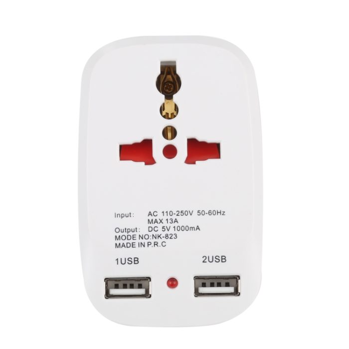 NK-823 2000W Dual USB Travel Charger Power Adapter Socket, UK Plug