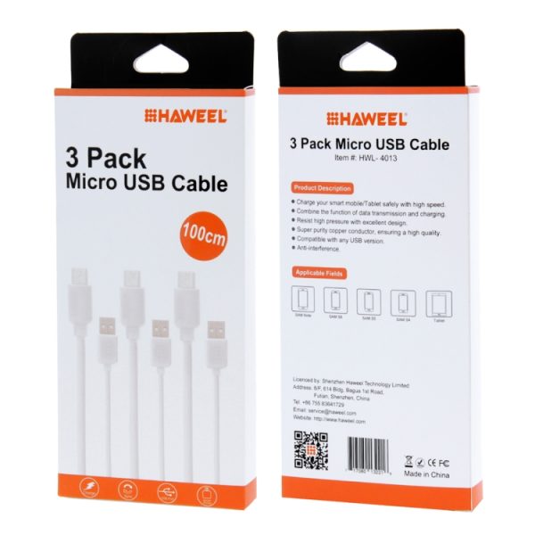 HWL-4013_3.jpg 3 PCS HAWEEL 1m High Speed Micro USB to USB Data Sync Charging Cable Kits, For Samsung, Huawei, Xiaomi, LG, HTC and other Smartphones
