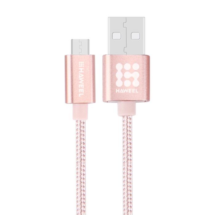HAWEEL 1m Woven Style Metal Head 3A High Current Micro USB to USB Sync Data Charging Cable, For Samsung, Huawei, Xiaomi, LG, HTC and other Smartphones(Rose Gold)