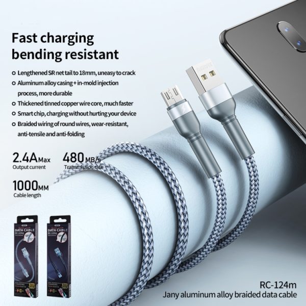 SAS6148_B2.jpg REMAX RC-124m 1m 2.4A USB to Micro USB Aluminum Alloy Braid Fast Charging Data Cable, Micro USB