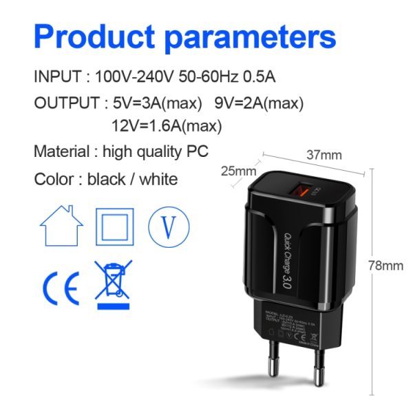 SYA001078901A_3.jpg Portable QC3.0 18W USB Port Universal Quick Charging Charger, EU Plug, EU Plug