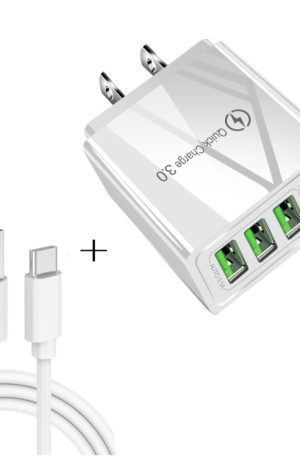 2 in 1 USB to USB-C / Type-C Data Cable + 30W QC 3.0 4 USB Interfaces Mobile Phone Tablet PC Universal Quick Charger Travel Charger Set, US Plug, USB-C / Type-C Set US Plug
