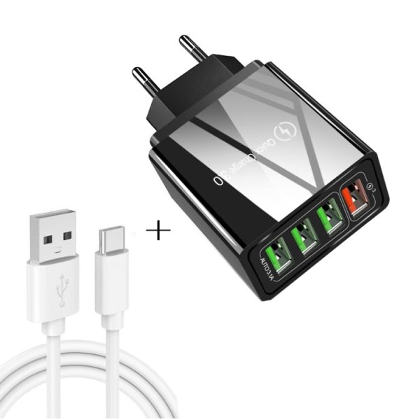 SYA001083901A-1.jpg 2 in 1 USB to USB-C / Type-C Data Cable + 30W QC 3.0 4 USB Interfaces Mobile Phone Tablet PC Universal Quick Charger Travel Charger Set, EU Plug, USB-C / Type-C Set EU Plug