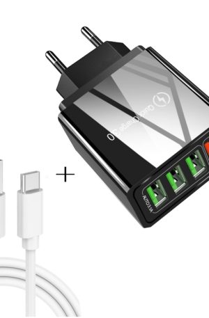 2 in 1 USB to USB-C / Type-C Data Cable + 30W QC 3.0 4 USB Interfaces Mobile Phone Tablet PC Universal Quick Charger Travel Charger Set, EU Plug, USB-C / Type-C Set EU Plug