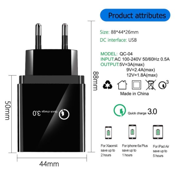 SYA001083901A_10.jpg 2 in 1 USB to USB-C / Type-C Data Cable + 30W QC 3.0 4 USB Interfaces Mobile Phone Tablet PC Universal Quick Charger Travel Charger Set, EU Plug, USB-C / Type-C Set EU Plug