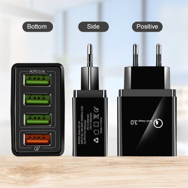 SYA001083901A_3.jpg 2 in 1 USB to USB-C / Type-C Data Cable + 30W QC 3.0 4 USB Interfaces Mobile Phone Tablet PC Universal Quick Charger Travel Charger Set, EU Plug, USB-C / Type-C Set EU Plug