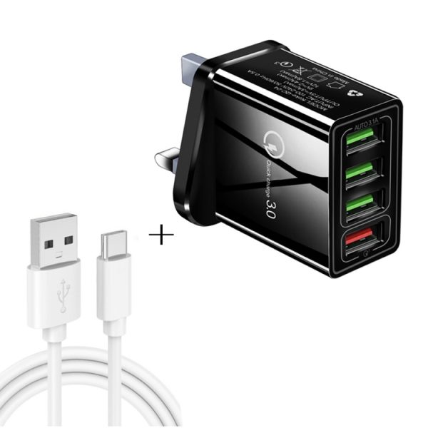 SYA001084101A-1.jpg 2 in 1 1m USB to USB-C / Type-C Data Cable + 30W QC 3.0 4 USB Interfaces Mobile Phone Tablet PC Universal Quick Charger Travel Charger Set, UK Plug, USB-C / Type-C Set UK Plug