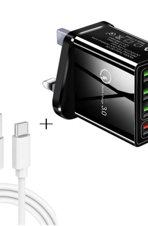 2 in 1 1m USB to USB-C / Type-C Data Cable + 30W QC 3.0 4 USB Interfaces Mobile Phone Tablet PC Universal Quick Charger Travel Charger Set, UK Plug, USB-C / Type-C Set UK Plug