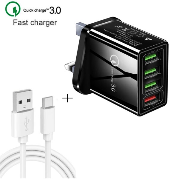 SYA001084101A_1.jpg 2 in 1 1m USB to USB-C / Type-C Data Cable + 30W QC 3.0 4 USB Interfaces Mobile Phone Tablet PC Universal Quick Charger Travel Charger Set, UK Plug, USB-C / Type-C Set UK Plug