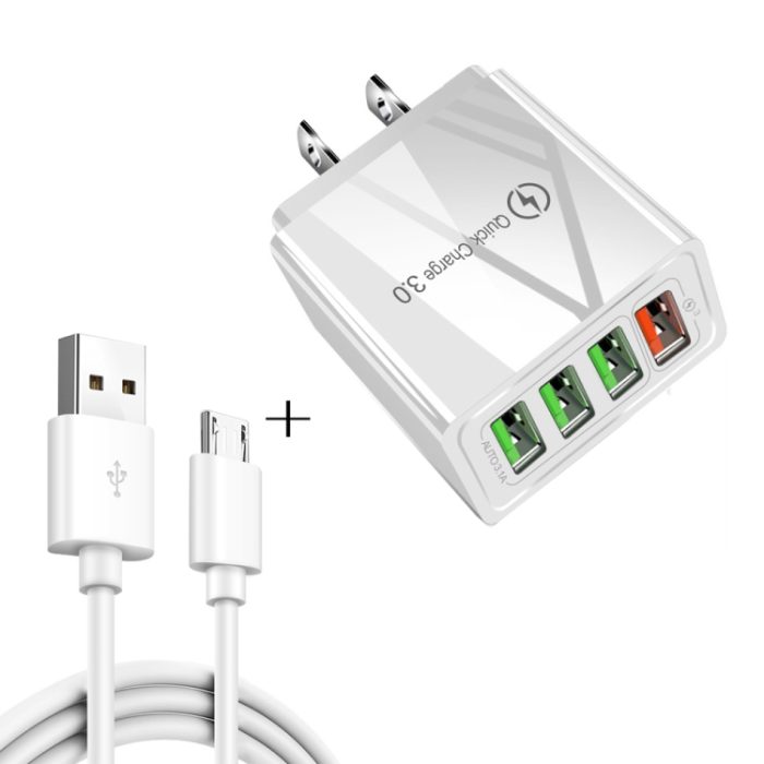 2 in 1 1m USB to Micro USB Data Cable + 30W QC 3.0 4 USB Interfaces Mobile Phone Tablet PC Universal Quick Charger Travel Charger Set, US Plug, Micro USB Set US Plug