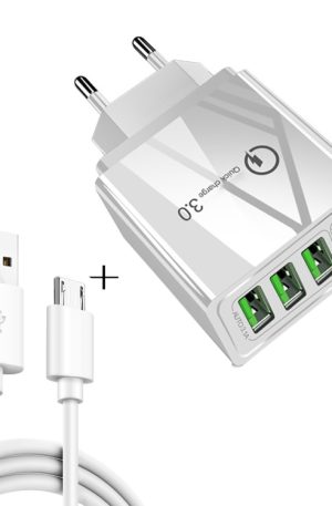 2 in 1 1m USB to Micro USB Data Cable + 30W QC 3.0 4 USB Interfaces Mobile Phone Tablet PC Universal Quick Charger Travel Charger Set, EU Plug, Micro USB Set EU Plug