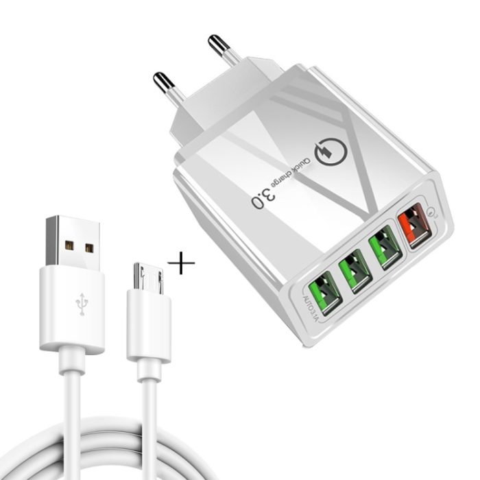 2 in 1 1m USB to Micro USB Data Cable + 30W QC 3.0 4 USB Interfaces Mobile Phone Tablet PC Universal Quick Charger Travel Charger Set, EU Plug, Micro USB Set EU Plug